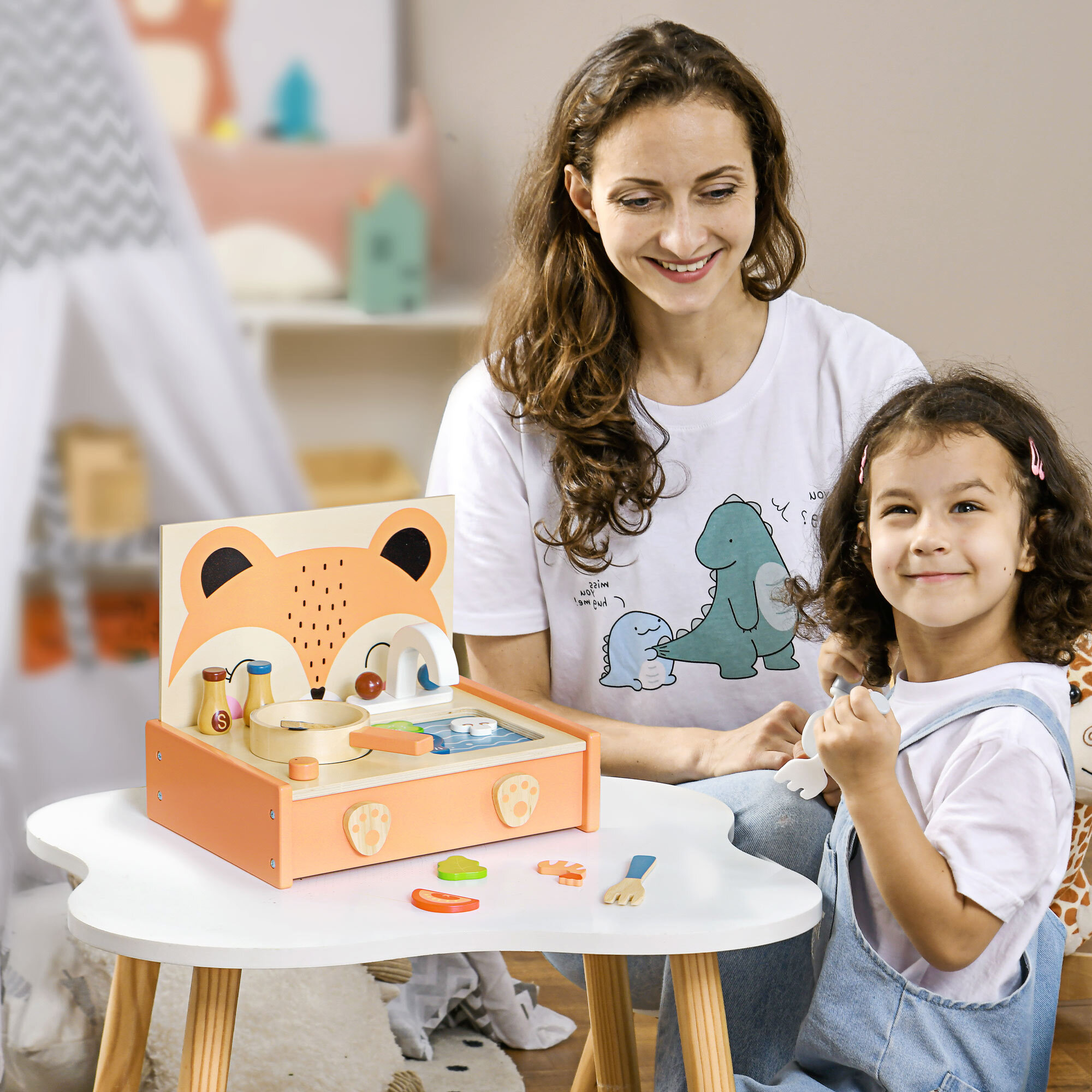 AIYAPLAY Cucina Giocattolo per Bambini 3-5 Anni con Fornello e 12 Accessori in Legno, Multicolore