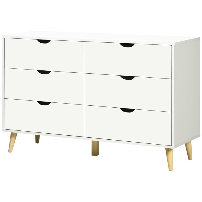 Commode 6 tiroirs design scandinave piètement effilé incliné bois pin panneaux blanc