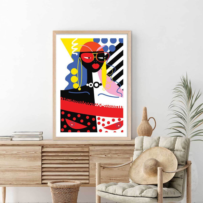 Affiche collage la femme aux lunettes Affiche + cadre en bois - Chêne