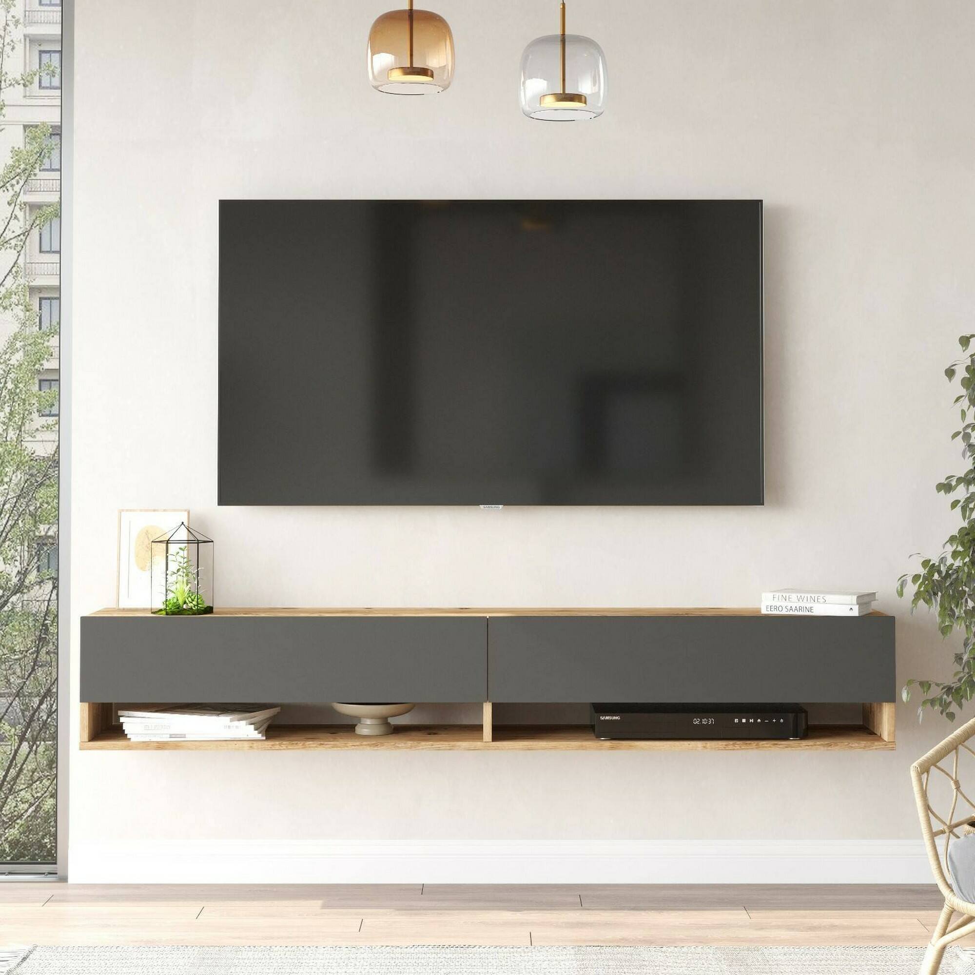 Mobile porta TV Dkechrid, Credenza da soggiorno, Armadio basso per TV, Base parete attrezzata, 180x32h29 cm, Quercia e Antracite