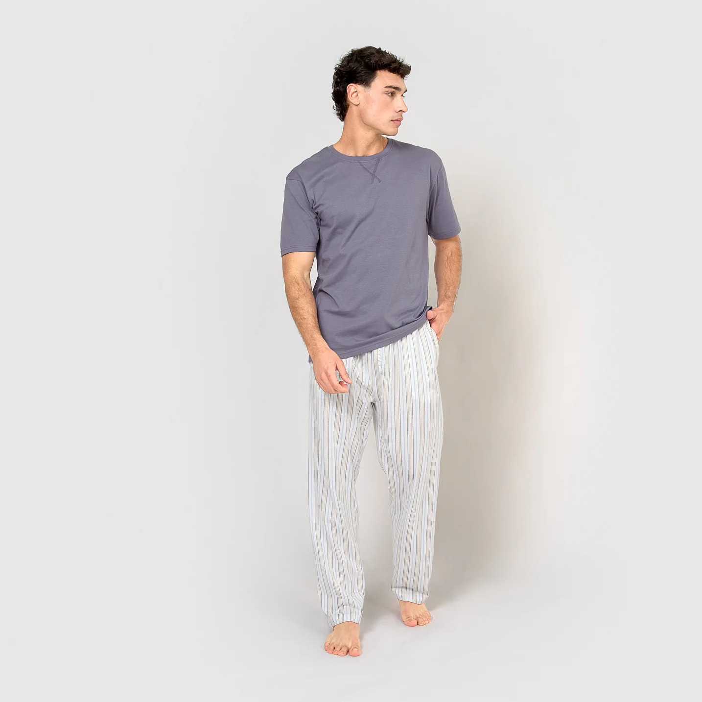 Pijama largo de algodón manga corta raya bill índigo