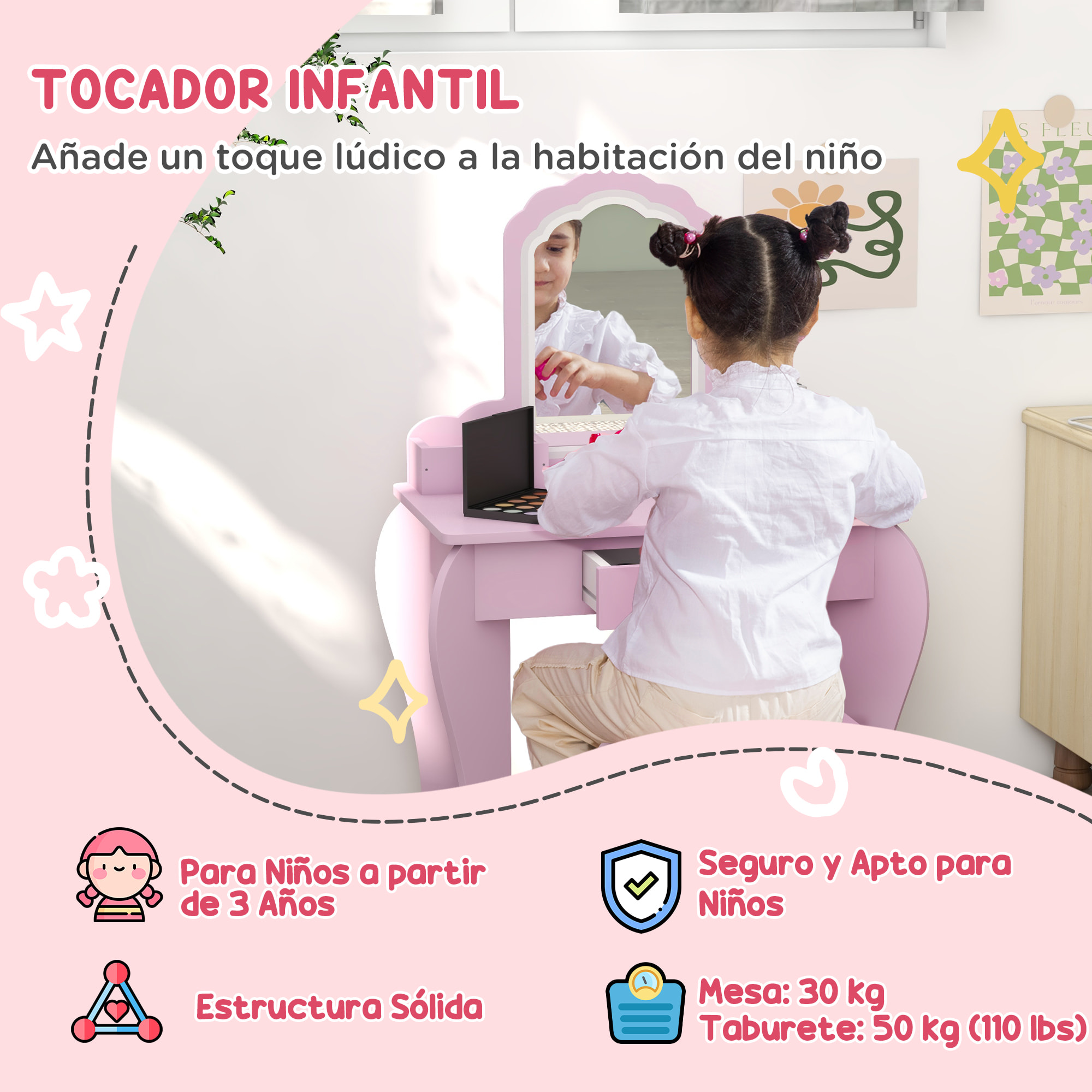 Tocador Infantil para Niñas y Niños de +3 Años Mesa de Maquillaje con Taburete y Espejo Tocador para Niñas con Cajón y Cajas de Almacenaje Forma de Nube Rosa