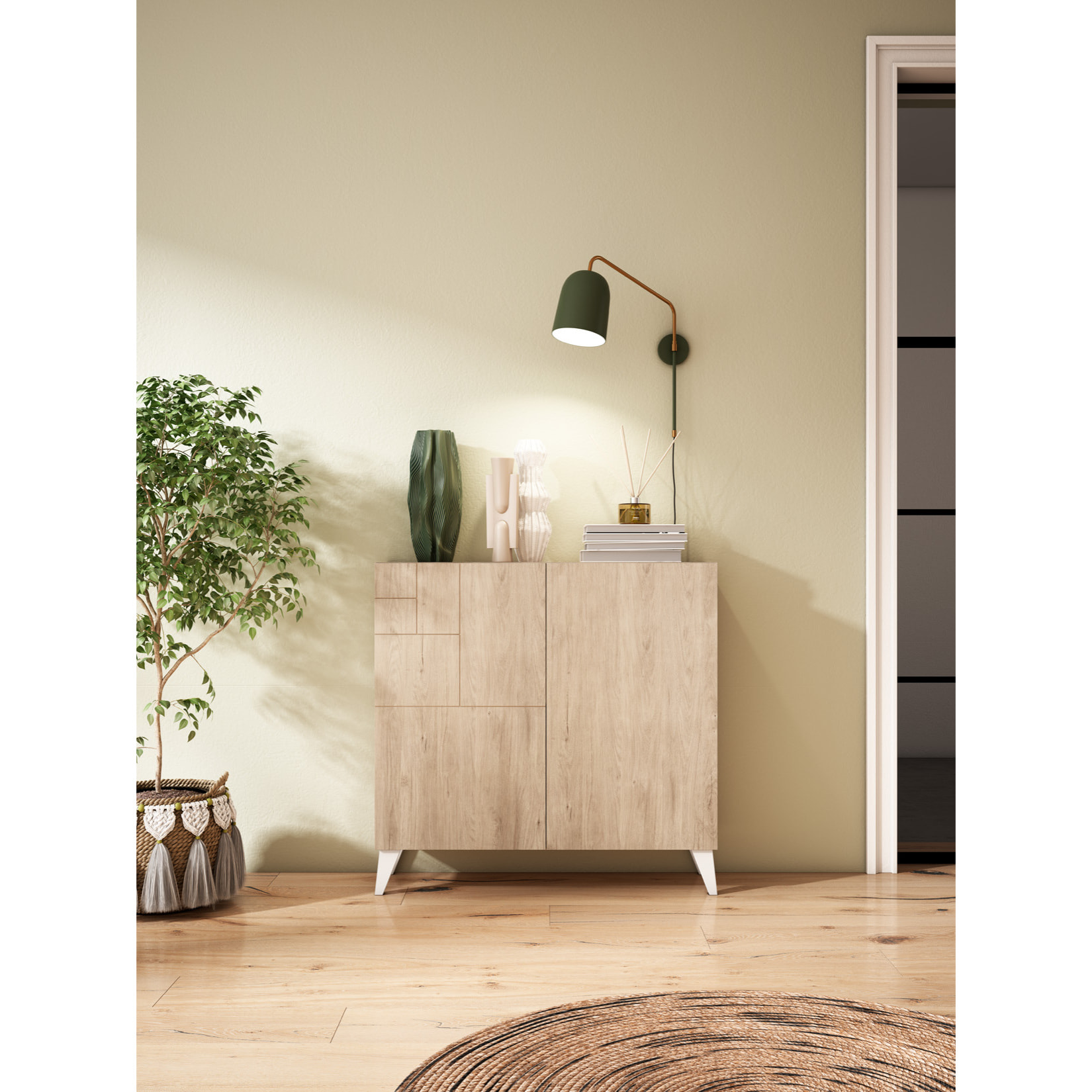 Zapatero Bergen melamina roble claro patas blanco 87x90x27 cm