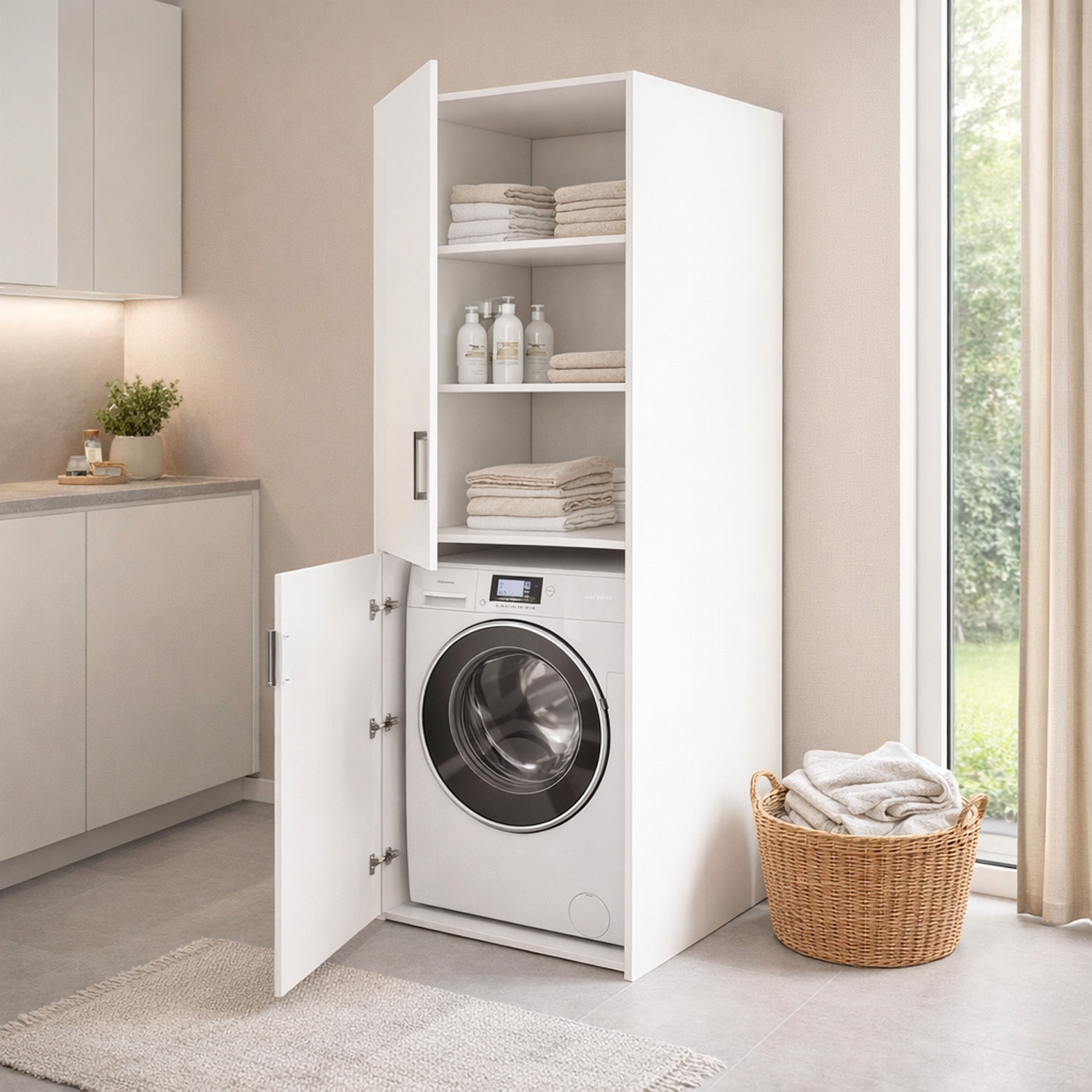 Mobile Lavatrice Asciugatrice Con 2 Ante E Ripiani Mobiletto Lavanderia Bagno Armadietto Verticale Salvaspazio Vano Incasso  70 × 70 × 180 Cm Bianco