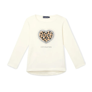 Camiseta blanca de manga larga con estampado de leopardo y corazón
