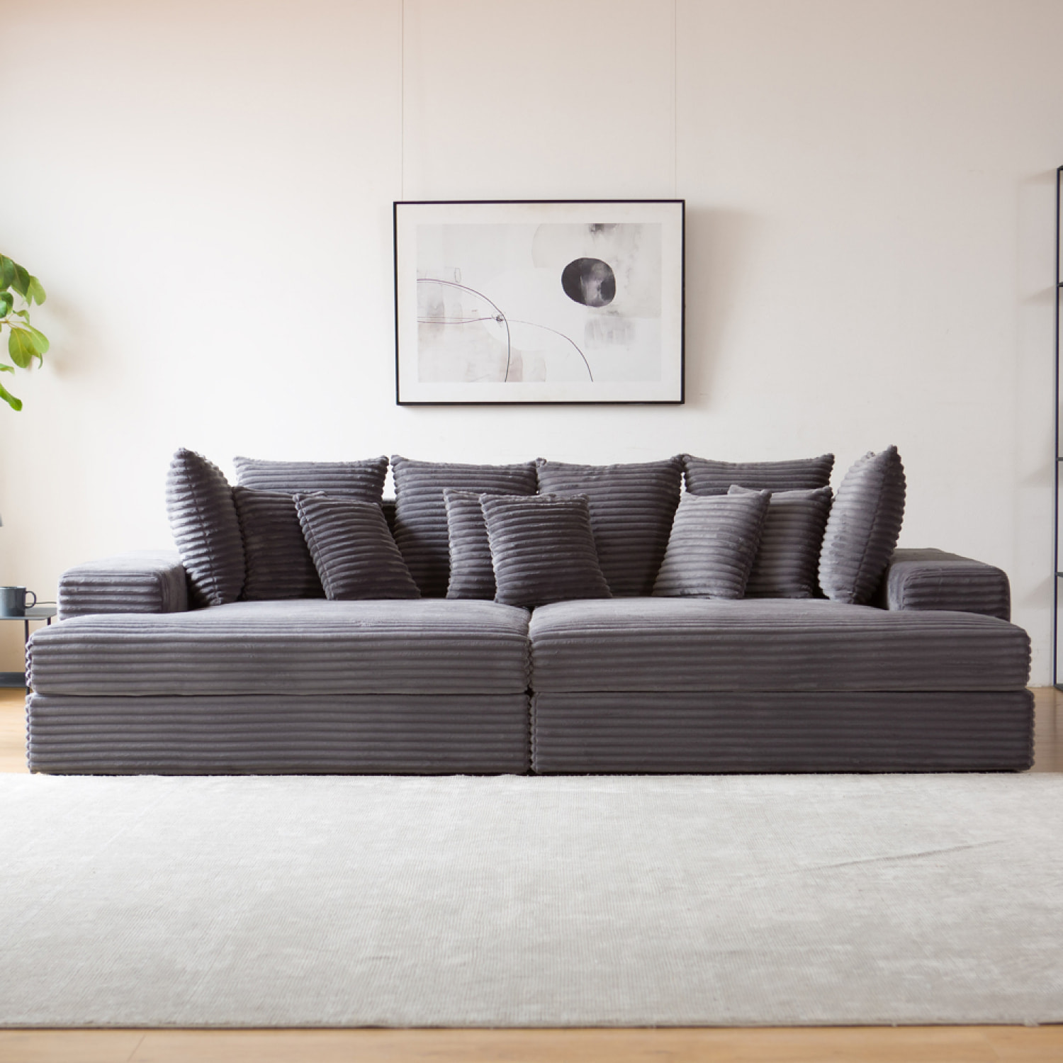 KENDARI Canapé 4 places assise profonde en velours côtelé gris anthracite