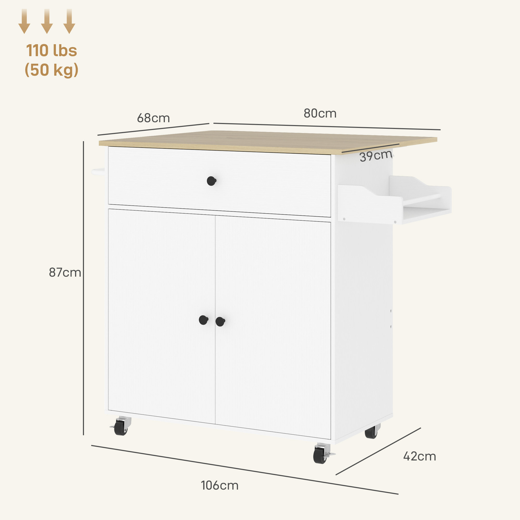 Isla de Cocina con Ala Abatible Carrito de Cocina Mueble Auxiliar de Cocina con Ruedas 2 Puertas Cajón Especiero Toallero y Estante Ajustable 106x42x87 cm Blanco y Roble