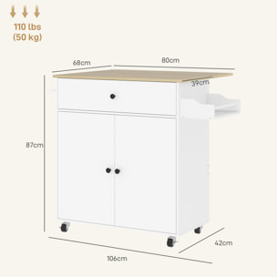 Isla de Cocina con Ala Abatible Carrito de Cocina Mueble Auxiliar de Cocina con Ruedas 2 Puertas Cajón Especiero Toallero y Estante Ajustable 106x42x87 cm Blanco y Roble