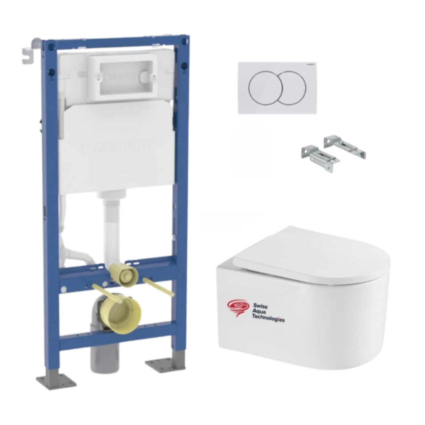 Pack WC suspendu complet Geberit Duofix autoportant, WC Swiss Aqua Technologies Delano, abattant SoftClose, plaque blanche