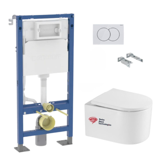 Pack WC suspendu complet Geberit Duofix autoportant, WC Swiss Aqua Technologies Delano, abattant SoftClose, plaque blanche