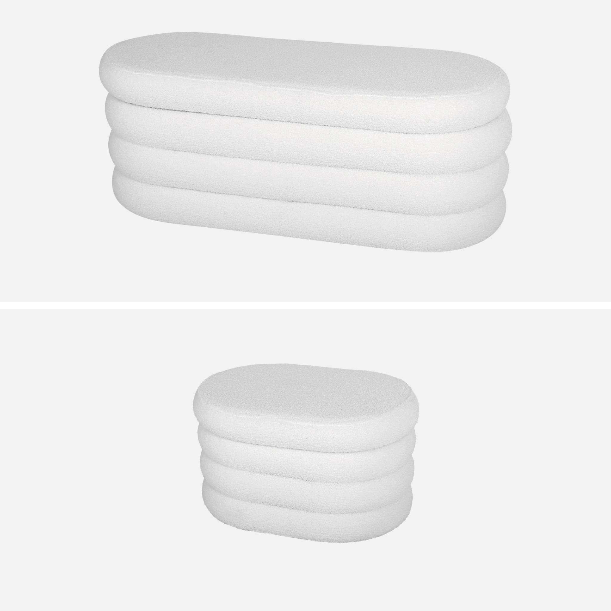 Banc coffre en bouclettes blanches avec 2 poufs ovales de rangement intégrés - L111cm