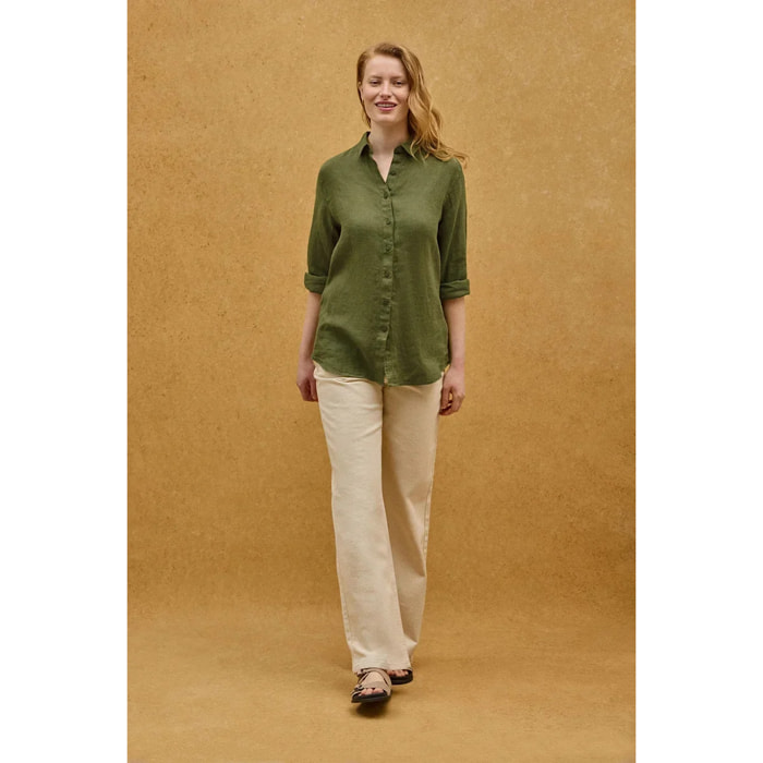 Camisa verde musgo de lino con corte relajado y bordado Polo Club