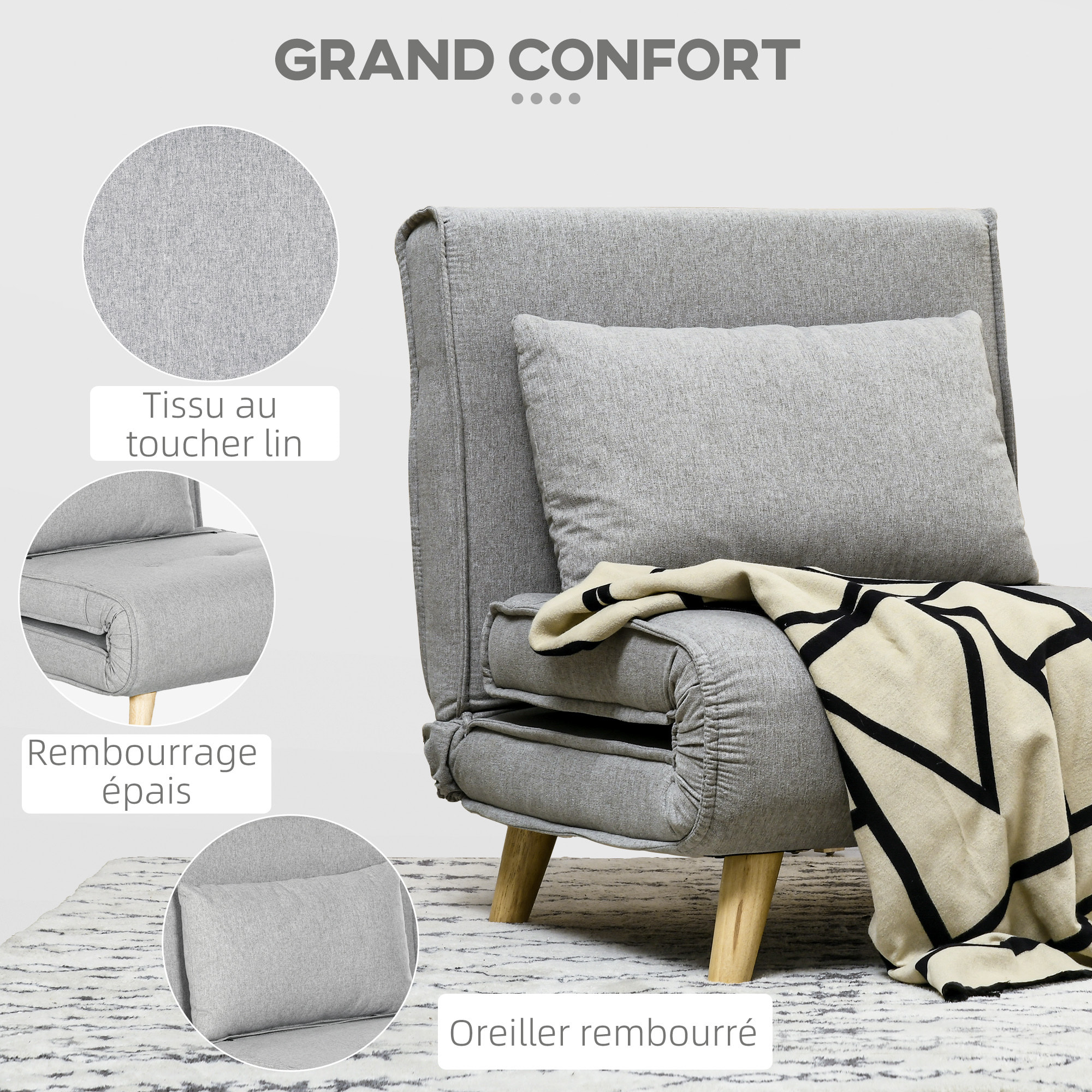 Fauteuil chauffeuse canapé-lit convertible 1 place - coussin inclus - style scandinave tissu gris clair