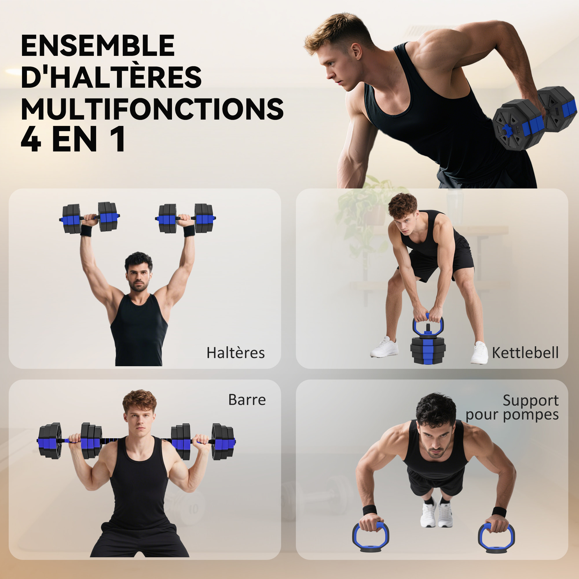 Ensemble d'haltères musculation multifonction 4 en 1 - haltères, kettlebell, push-up support, Olympic barre - total 25Kg - PVC bleu noir