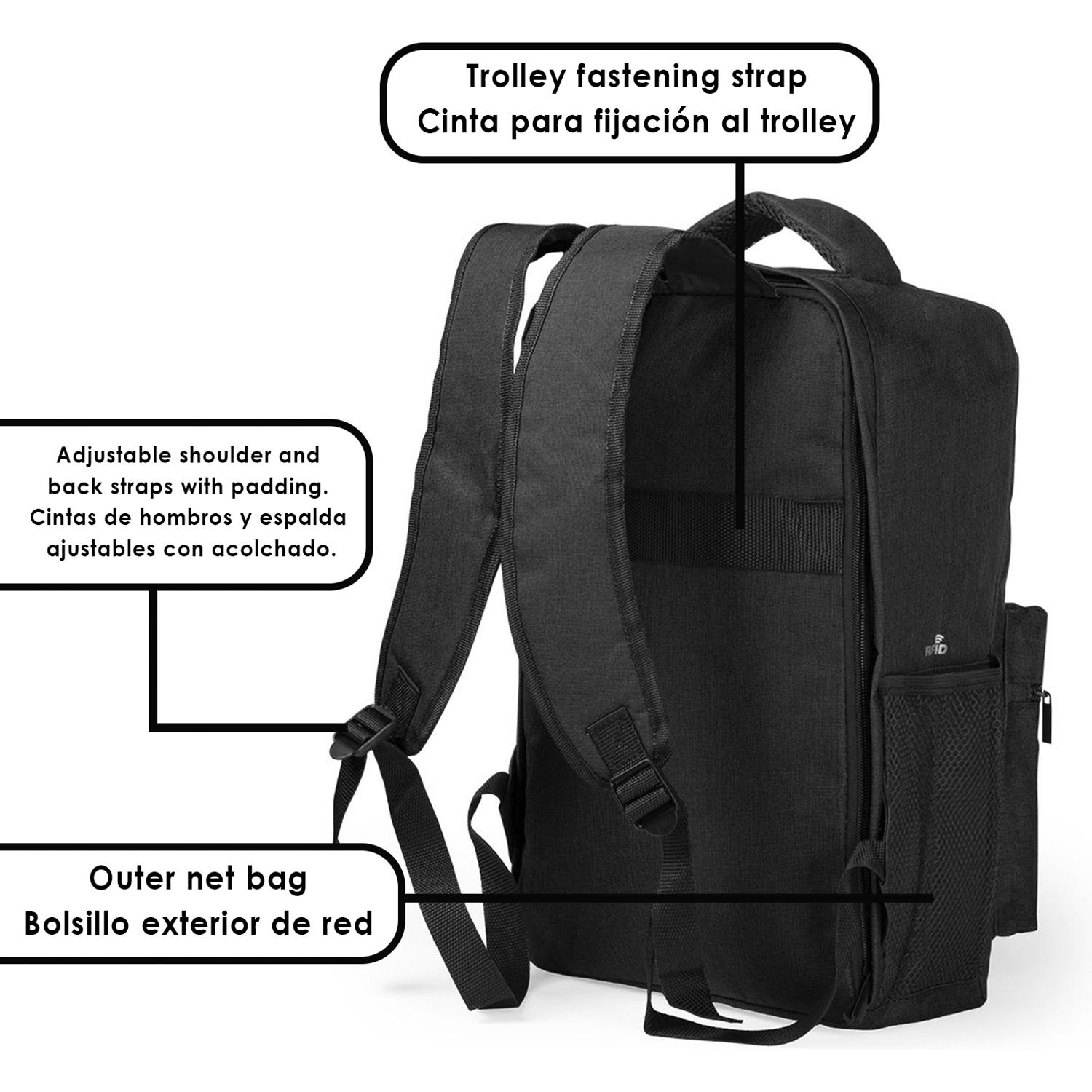 Mochila antirrobo Komplete de poliester 300D, con toma USB exterior. Bolsillo en lateral con protección RFID.