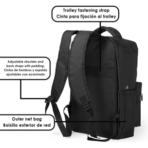 Mochila antirrobo Komplete de poliester 300D, con toma USB exterior. Bolsillo en lateral con protección RFID.