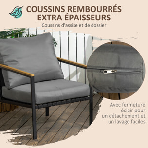 Ensemble salon de jardin design style colonial 4 places 4 pièces accoudoirs plateau aspect bois acier noir polyester gris