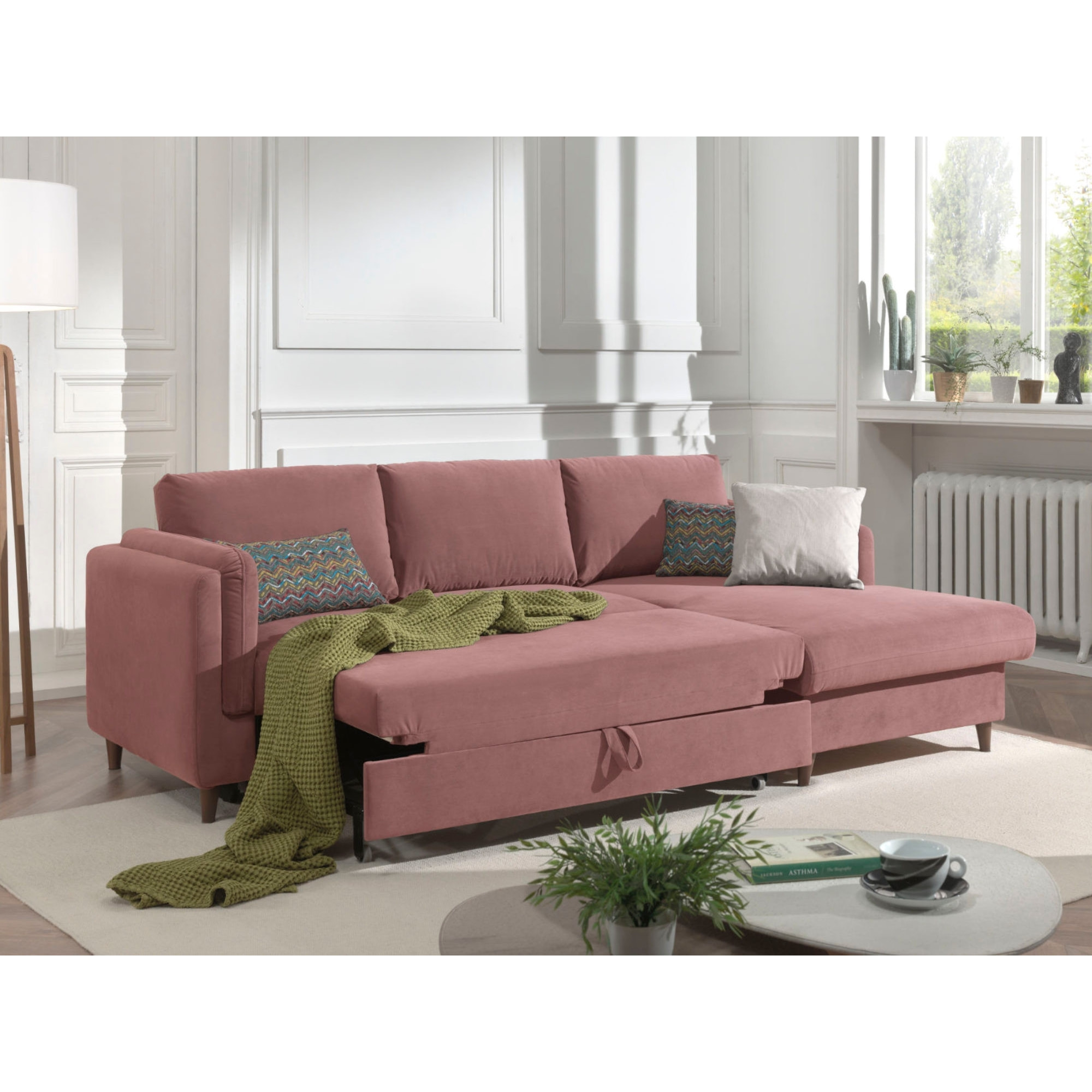 Brooke - canapé d'angle droit - convertible avec coffre - 4 places - en velours - Rose