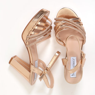 Sandali in simil pelle con tacco alto comodo e fasce ricoperte di strass