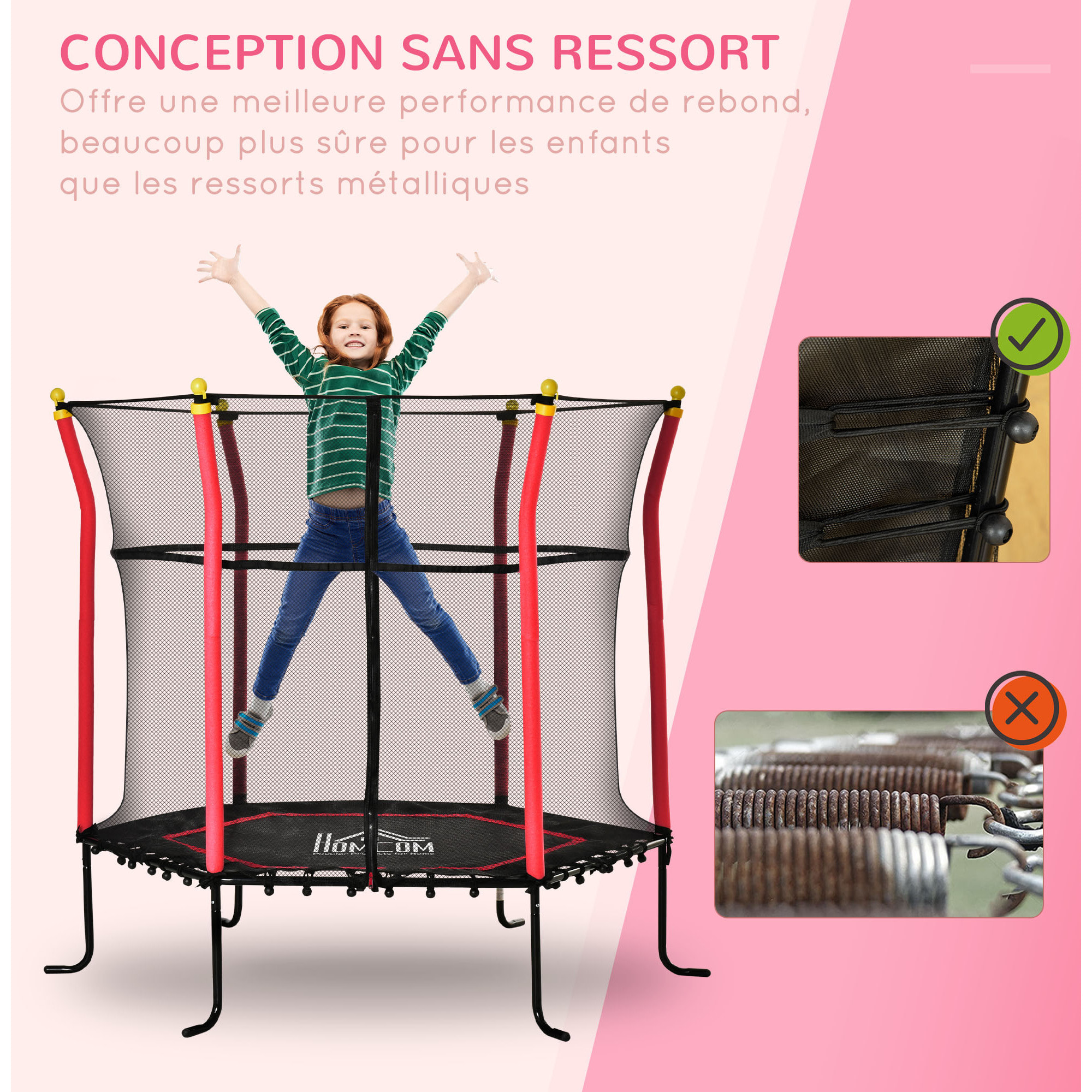 Trampoline enfant Ø 1,60 × 1,63H m filet de sécurité porte zipée couvre-ressorts 6 poteaux rembourrés inclus rouge