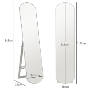 Miroir sur pied ou mural 150 cm avec étagère de rangement, grand miroir arqué pour chambre, entrée ou couloir, blanc