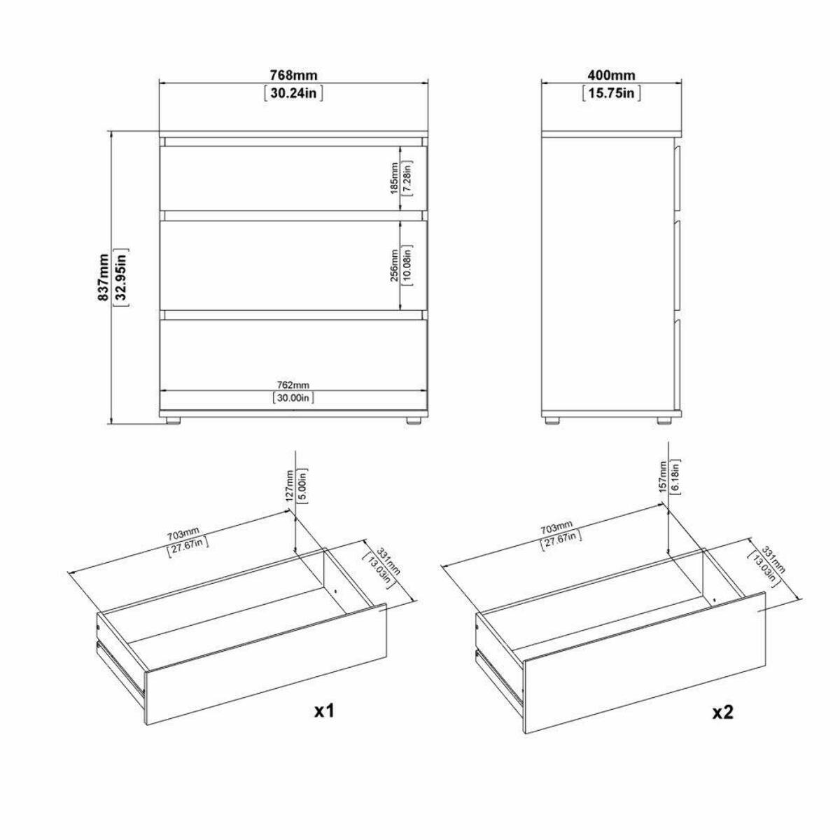 Cassettiera atre cassetti, colore bianco, cm 76 x 83 x 40