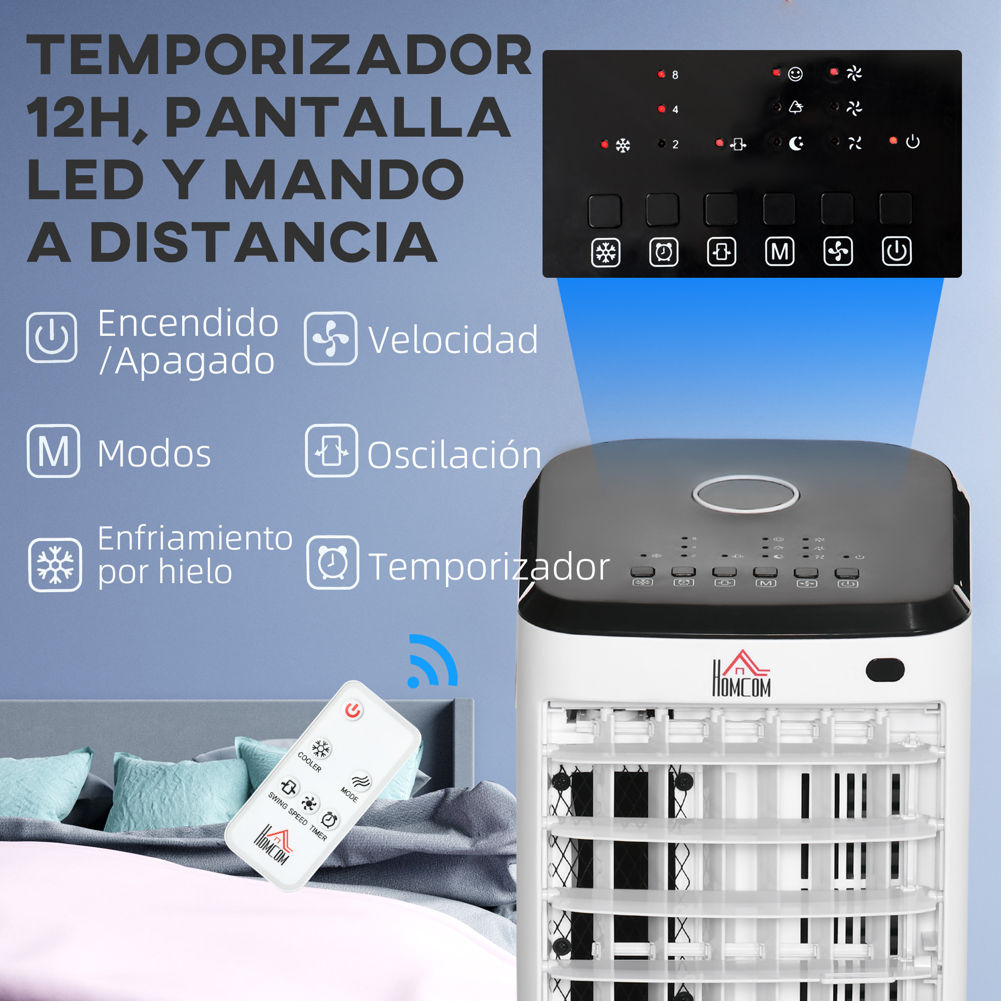 Climatizador Evaporativo 3,5L 3 en 1 Humidificador Ventilador 65W Pantalla LED Control Remoto Temporizador Oscilación 3 Velocidades 3 Modos 24,5x27x60 cm Blanco