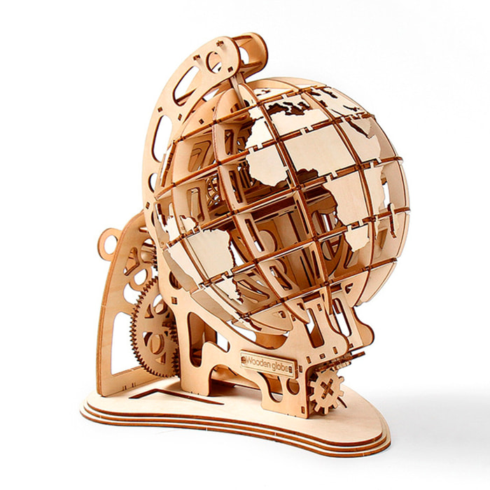 Maqueta de Madera 3D, diseño de Globo terráqueo con movimiento mecánico. 166 piezas.