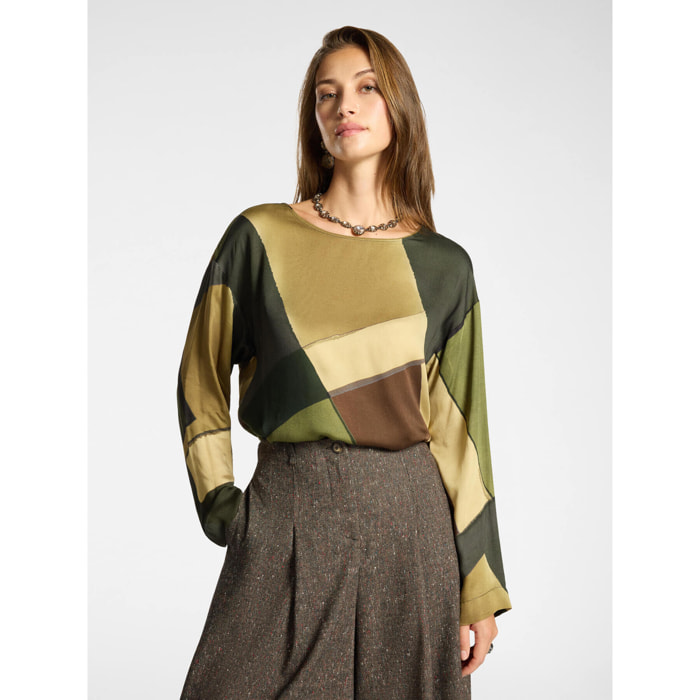 Elena Mirò - Blusa in raso stampato - Verde militare