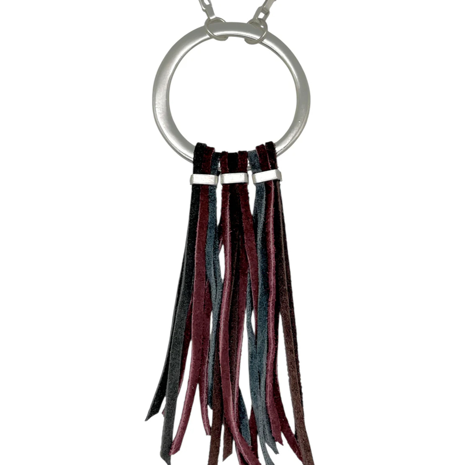 Collar Flecos largos piel burdeos y plata 10µ