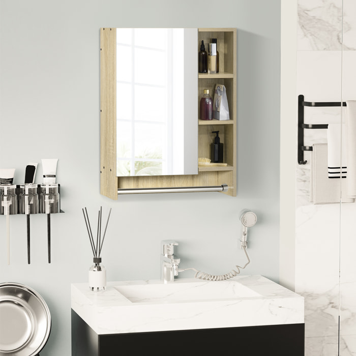 Armario de Baño con Espejo Armario de Pared con 1 Puerta Estante Ajustable Toallero y Compartimento Mueble de Baño Colgante para Salón 60x15x70 cm Roble
