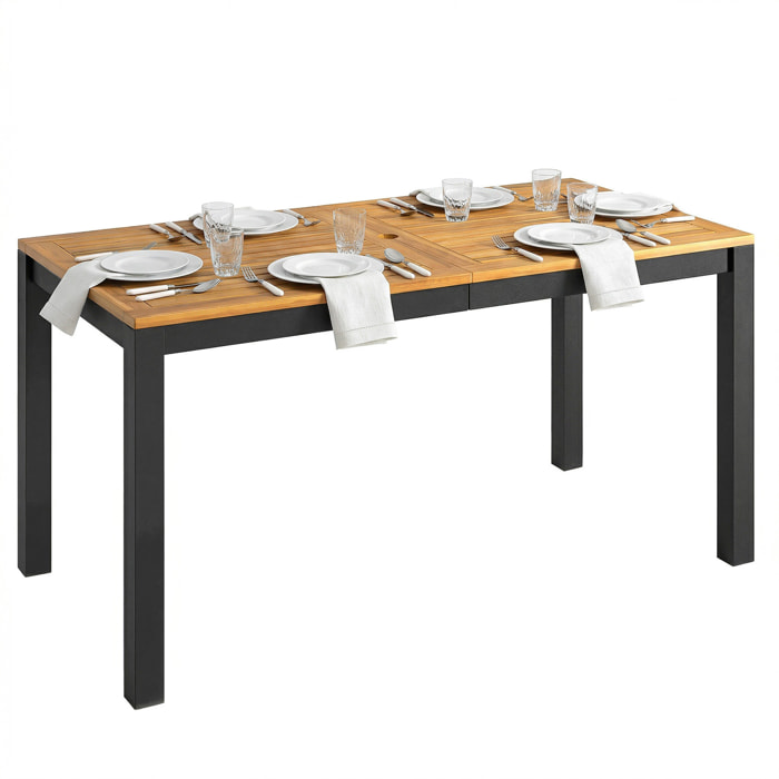 Mesa de Comedor de Jardín de Madera de Acacia, Mesa de Terraza Exterior Rectangular 150x75x75 cm con Tablero de Listones, Orificio Sombrilla para 6 Personas, Carga 80 kg, para Patio, Natural