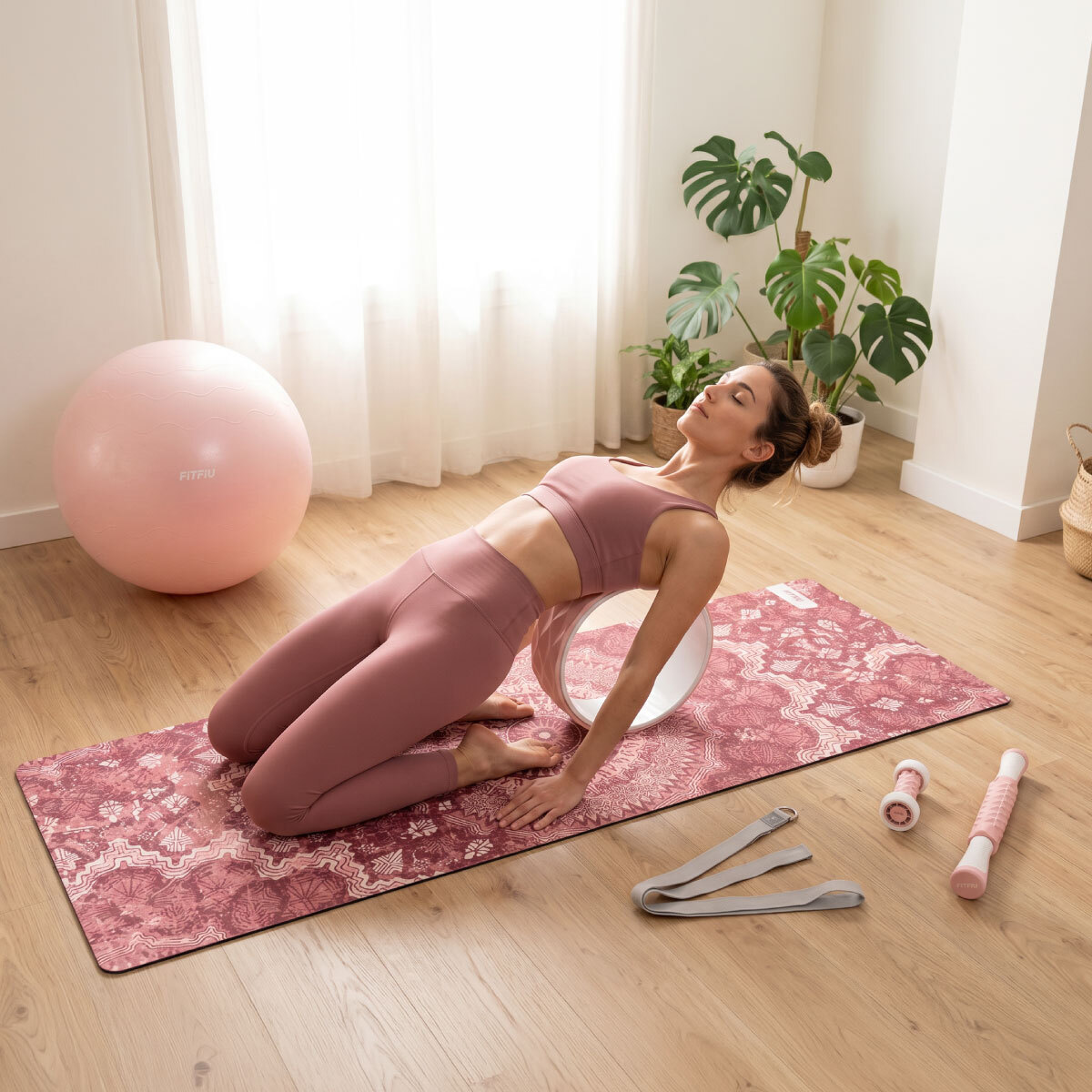 Kit de yoga et Pilates ROSE 6 accessoires avec tapis, ballon, roue, masseurs et sangle