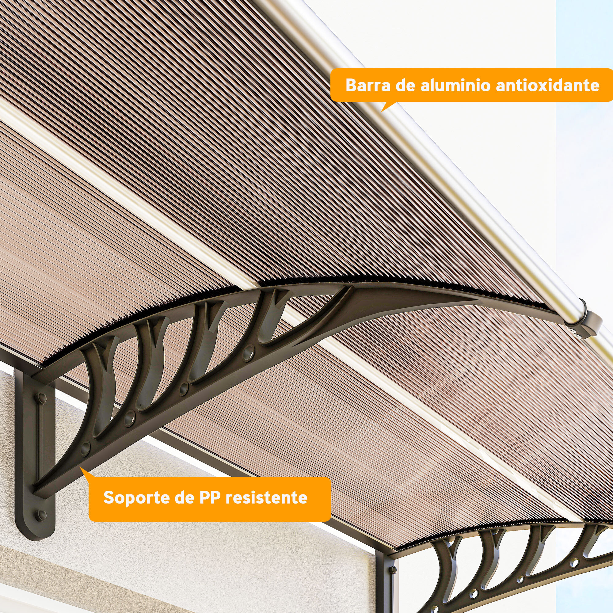 Marquesinas Exterior para Puertas y Ventanas, 303x96 cm, Tejadillo de Protección contra Sol y Lluvia, con Cubierta de Policarbonato, Soportes de PP y Regleta de Aluminio, Marrón