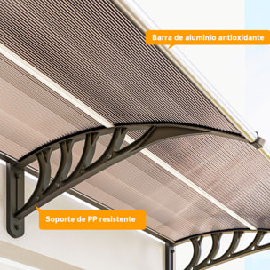 Marquesinas Exterior para Puertas y Ventanas, 303x96 cm, Tejadillo de Protección contra Sol y Lluvia, con Cubierta de Policarbonato, Soportes de PP y Regleta de Aluminio, Marrón