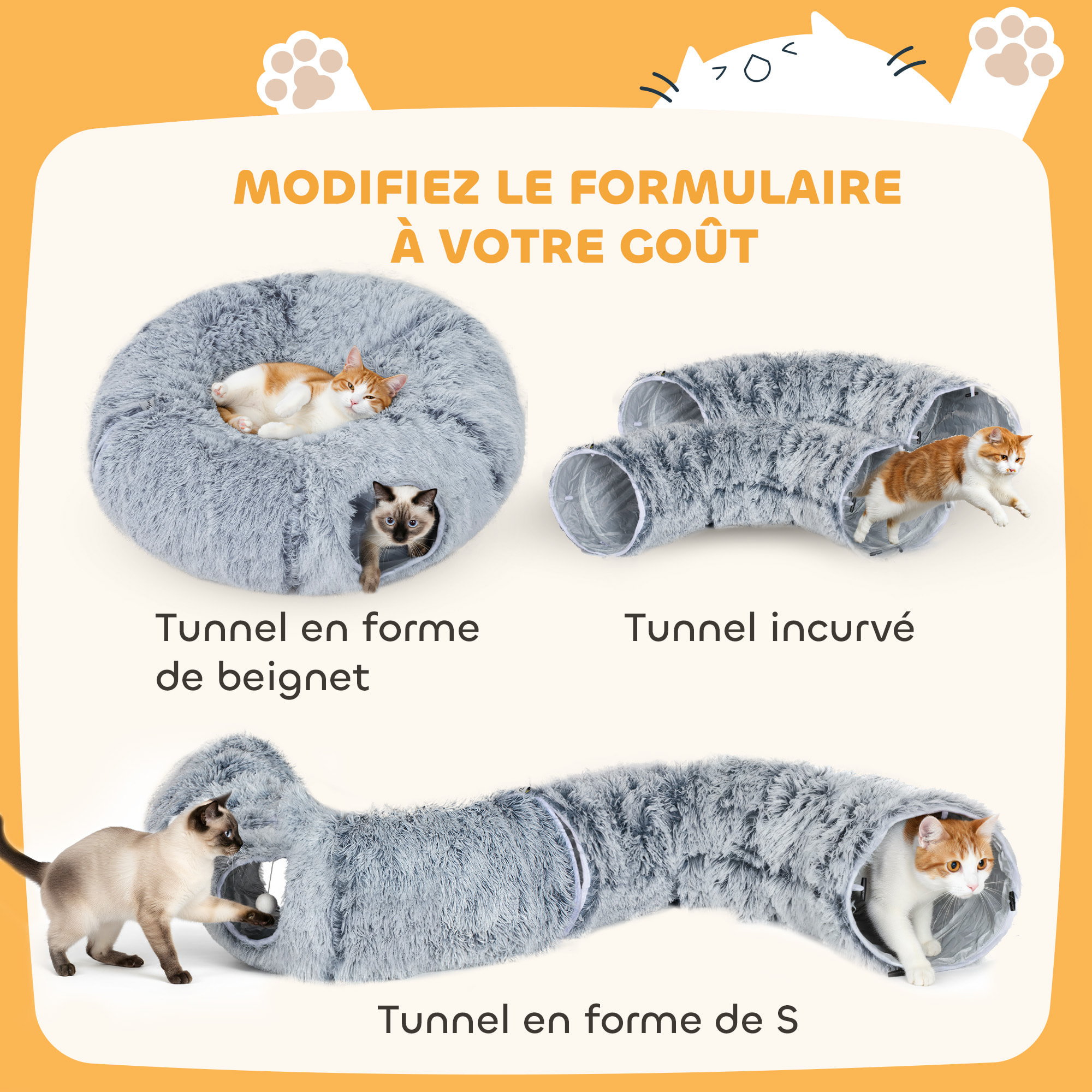 Panier tunnel chat 2 en 1 coussin amovible lavable jeu boule intégrés