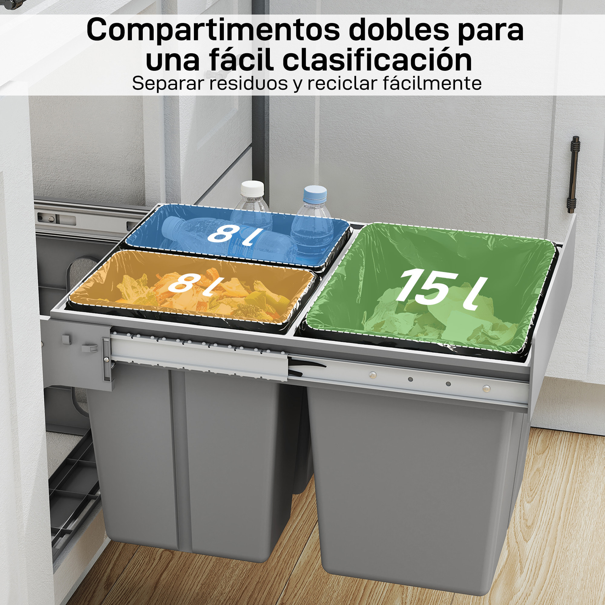 Cubo de Basura bajo Fregadero, Cubos de Basura con 3 Contenedores de Reciclaje Extraíbles, Capacidad Total 31L (15L+8Lx2), Fijación Inferior, para Reciclaje y Residuos, Gris Claro