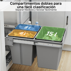 Cubo de Basura bajo Fregadero, Cubos de Basura con 3 Contenedores de Reciclaje Extraíbles, Capacidad Total 31L (15L+8Lx2), Fijación Inferior, para Reciclaje y Residuos, Gris Claro