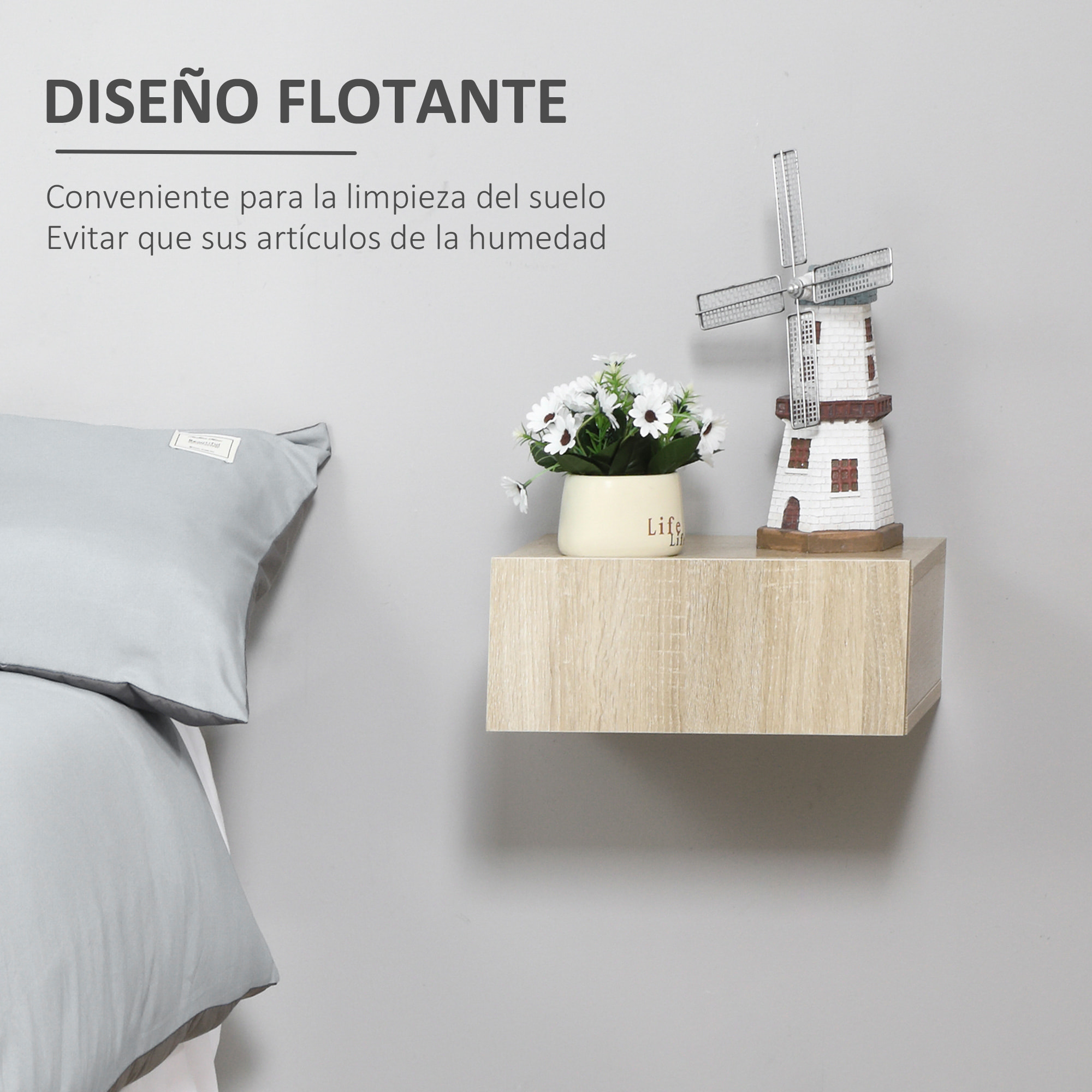 Set de 2 Mesitas de Noche Flotantes con 1 Cajón Diseño Montado en la Pared Estilo Moderno para Dormitorio 40x30x15 cm Natural