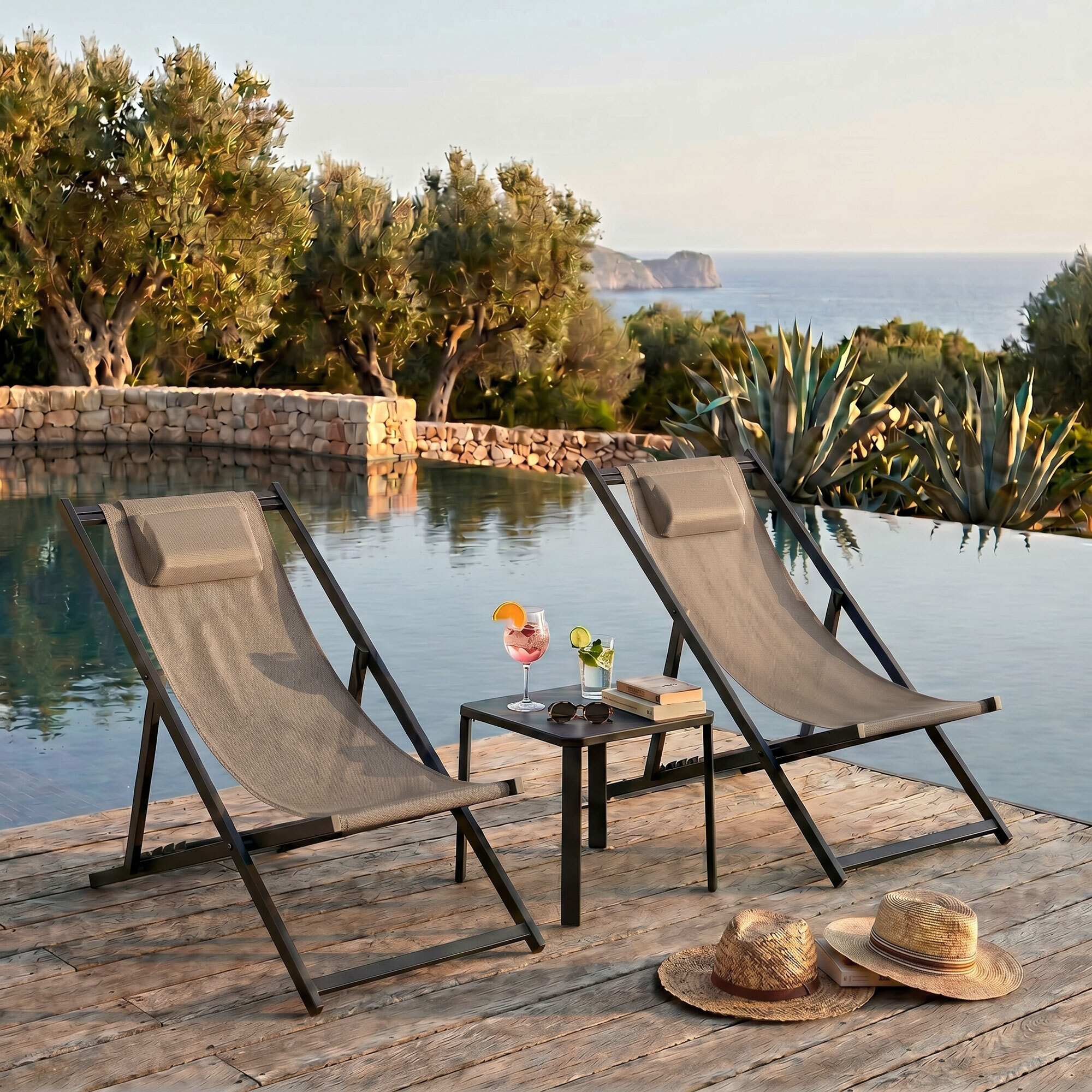 Mezzaluna - Set di 2 sdraio pieghevoli 59x97x104 cm da giardino in alluminio e textilene tortora