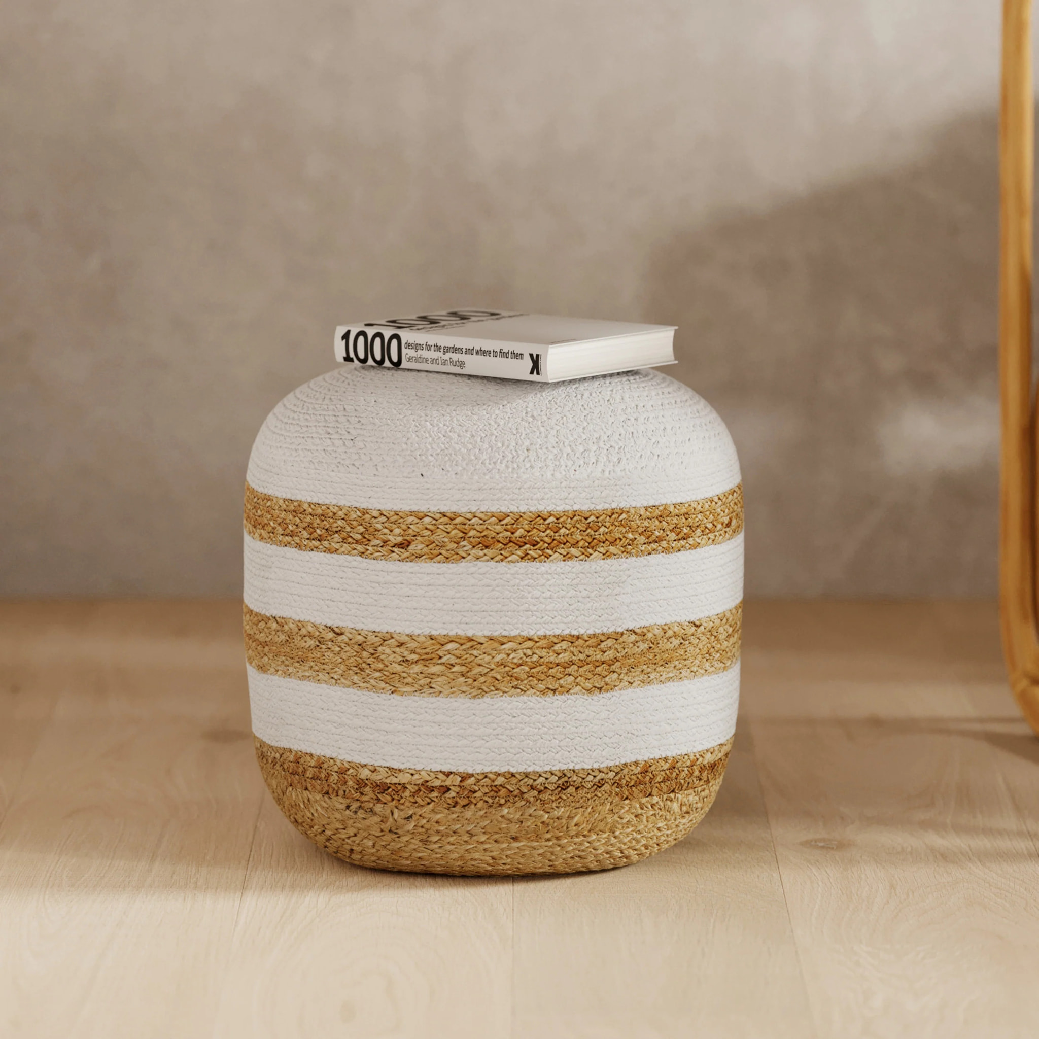 Pouf rond en jute, rayures blanches D40 cm - Billy