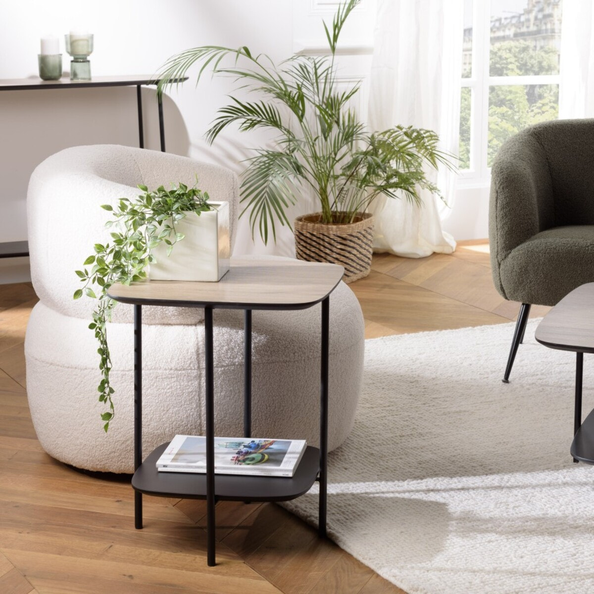 JULIA - Table d'appoint 2 plateaux bi-matière mocha/noir pieds métal