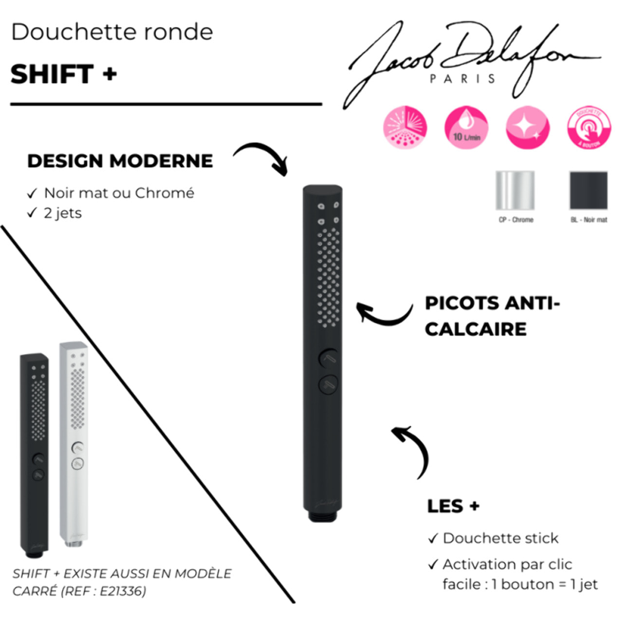 Pommeau de douche Shift+ rond 2 jets noir mat + flexible