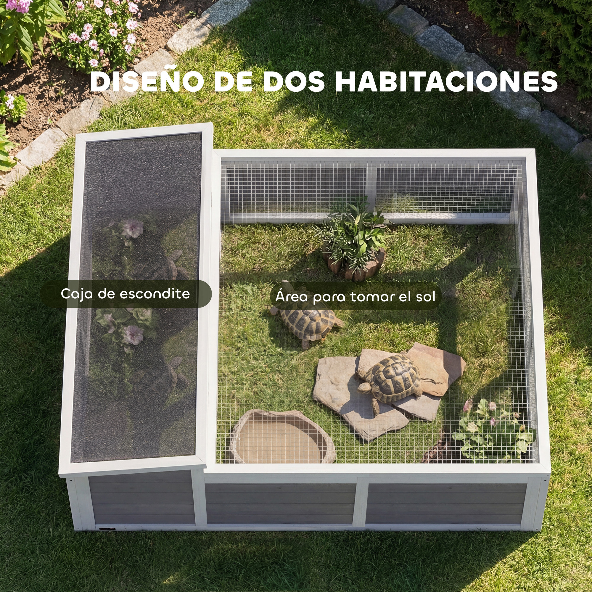 Casa para Tortugas de Madera, Terrario para Reptiles con Ventana Transparente, Techo Abatible y Puertas, Caseta para Tortugas y Conejos, para Exterior, 113x106,5x44,5 cm, Gris Oscuro