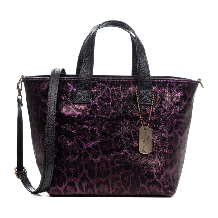 Cassandra bolso tote mujer. Piel auténtica Gamuza, animal print leopardo, lacado brillante.
