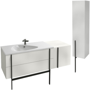 Meuble vasque 145 cm Nouvelle Vague blanc brillant + tiroir rack + colonne + miroir + pied