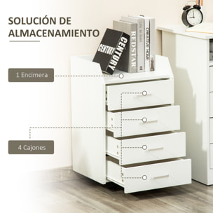 Cajonera de Oficina Mueble Auxiliar para Archivos con 4 Cajones Encimera Superior de Almacenaje 4 Ruedas y 2 Frenos para Estudio Despacho 40x36x65 cm Blanco