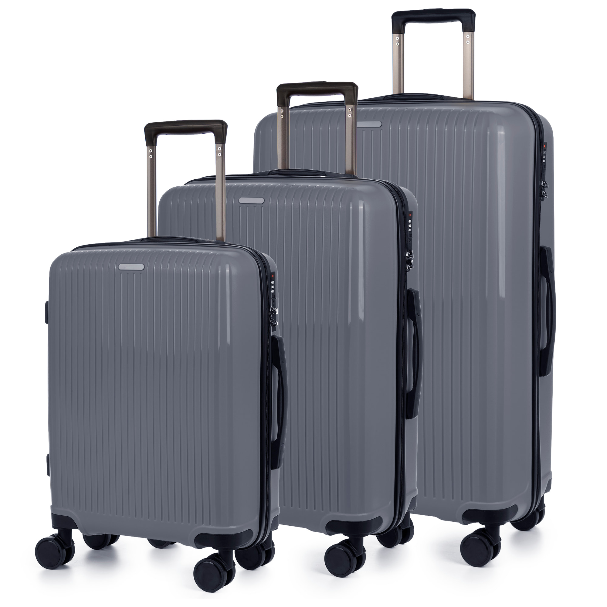 Set di 3 valigie Trolley, in materiale leggero PP resistente alle rotture. Chiusura TSA a combinazione, 4 ruote doppie girevoli a 360°.