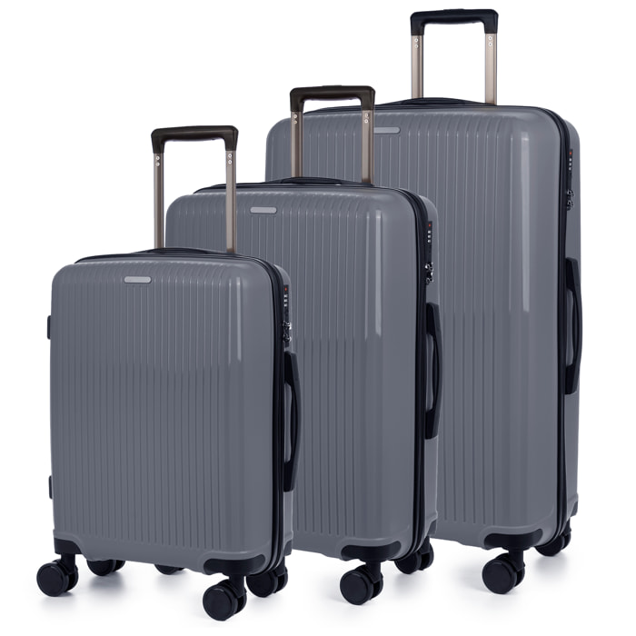 Set di 3 valigie Trolley, in materiale leggero PP resistente alle rotture. Chiusura TSA a combinazione, 4 ruote doppie girevoli a 360°.