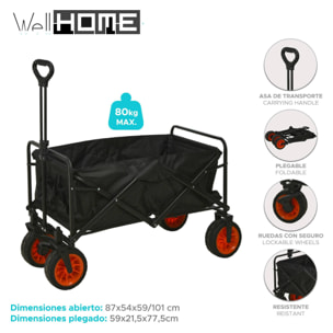 Well Home Carro de Playa Plegable de Acero y Poliéster, Resistente y Espacioso 87x54x59cm
